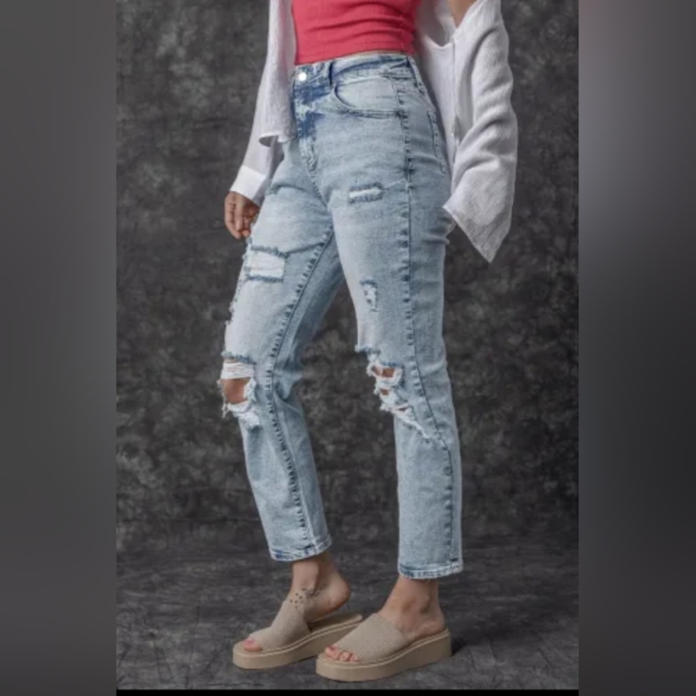 Sky blue ripped jeans straight leg